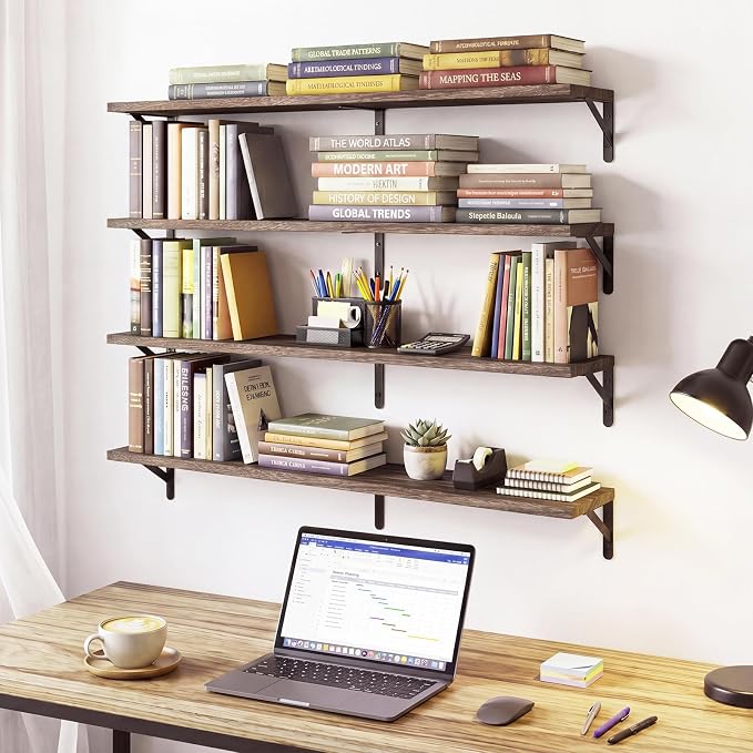 YGEOMER 35.4in Floating Shelves for Wall Home Decor, Brown Set of 4 | 35.4-inch wood shelves with metal brackets. Space-saving for books & decor. Fits bathroom, kitchen, living room & bedroom.
