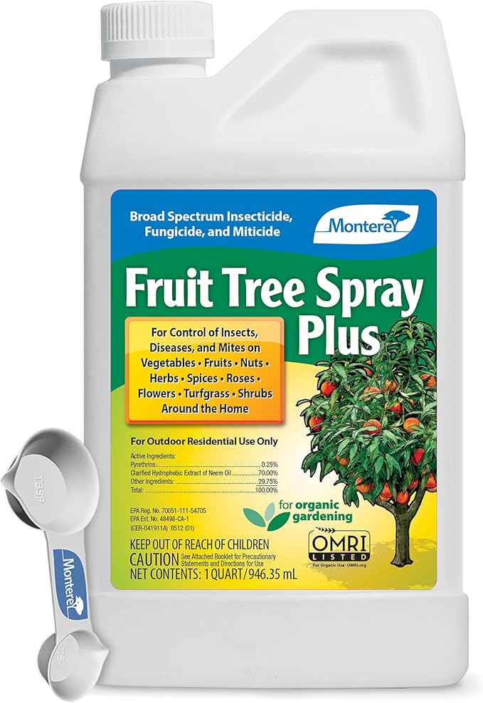 Monterey Fruit Tree Spray Plus for Control of Insects, Diseases, and Mites - Organic Gardening OMRI Listed, Contains Neem Oil and Pyrethrins, Bundled with Garden Measure Spoon - 32 oz