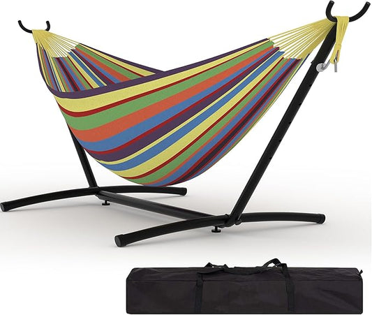 Double Hammocks with Stand for Outside, Portable Space Saving Heavy-Duty Steel Stand for Indoor Outdoor Patio with Carrying Bag, 450 lbs Capacity (Rainbow Stripes)