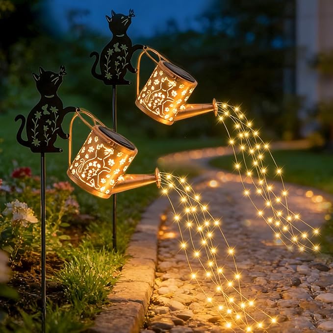 Outdoor Solar Cat Garden Decorative, 2 Pcs Solar Watering Can with Light, Featuring Metal Cat Silhouette Stake, Day Gift for Women, Outdoor Waterproof,for Landscape,Lawn, Garden Path Decor