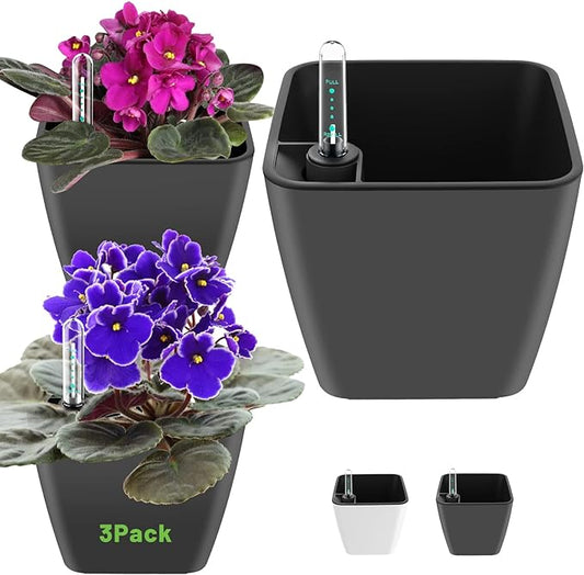 Self Watering Planters for Indoor Plants 5 inch 3 Pack Grey Planter with Water Level Indicator African Violet pots