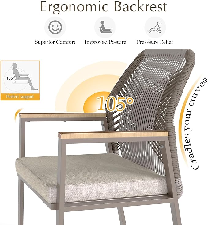 Aluminum Outdoor Patio Dining Chairs - Imitation Rope Vine Chair Ergonomic Backrest Design Detachable Seat Cushion Soft and Breathable Garden Porch Light Brown Set of 8