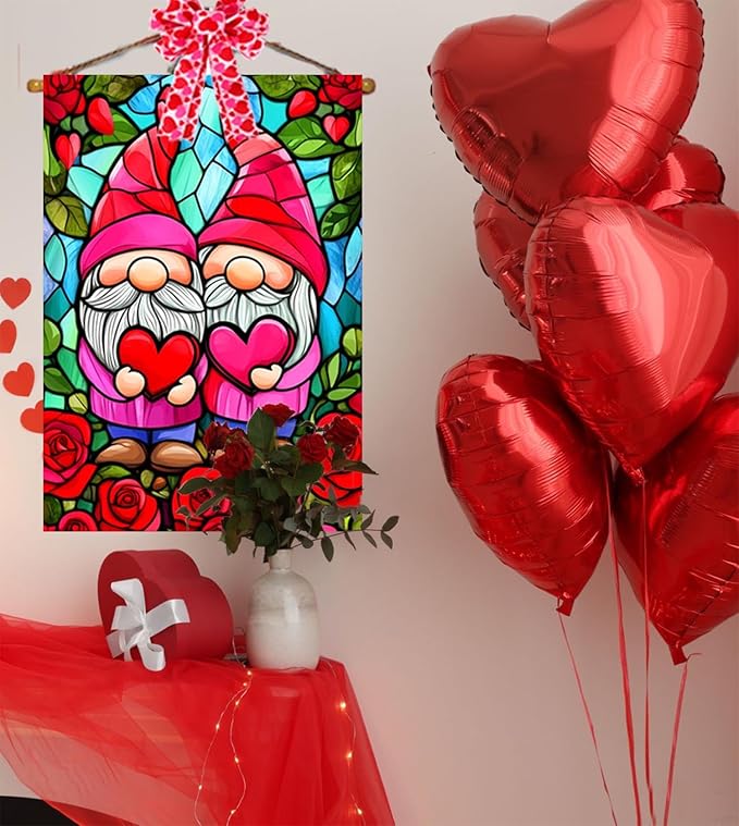 Valentines Gnomes House Flag 28x40 Inch Double Sided Outside, Stained Glass Valentines Yard Flag for Anniversary Wedding Outdoor Decoration