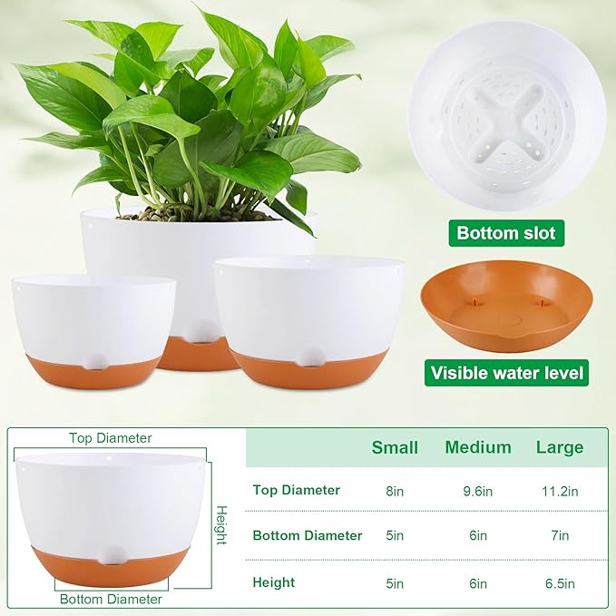 Nooulap 8/8/10/12 Inch Pots for Indoor Plants, 4 Pack Large Self Watering Planters with Drainage and Saucers, Plastic Outdoor Flower Pot(White)