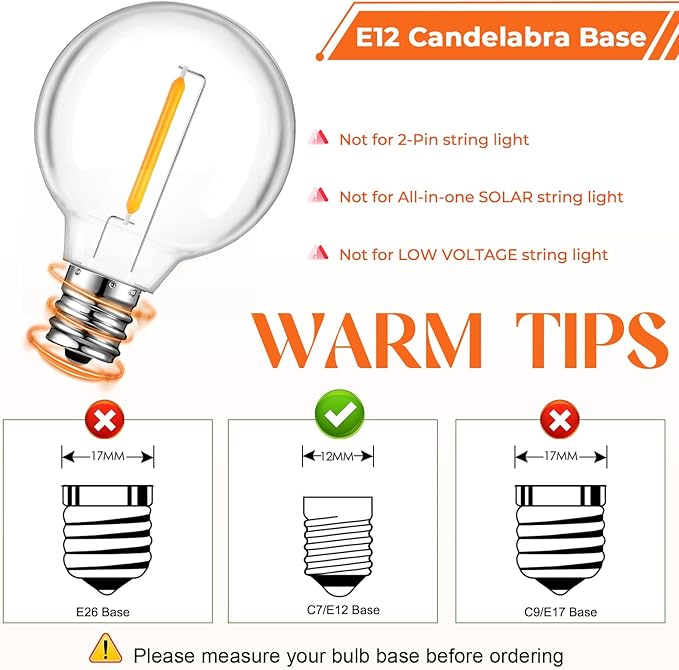 GvvooHome 50 Pack G40 LED Replacement Bulbs, Shatterproof 1 Watt E12 LED Bulb for Outdoor Patio Garden Vintage String Lights, 2200K Warm White, Dimmable
