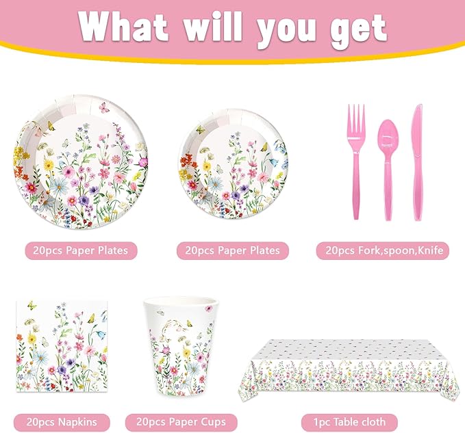141Pcs Wildflower Party Decorations Garden Floral Themed Birthday Party Supplies with Plates Napkins Cups Knives Forks Straw Tablecloth Set for 20 Guests