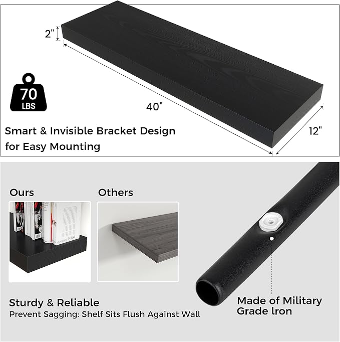 40 Inch Floating Shelves for Wall, 12"D Wood Storage Shelves, Black Finish