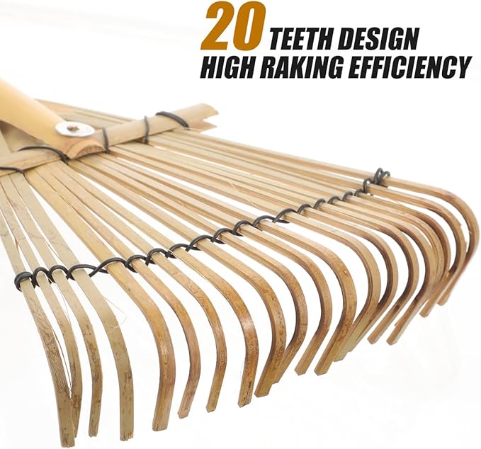 Toddmomy 23" Bamboo Hand Rake for Garden & Landscaping, Lightweight 20-Tine Wooden Rake for Leaves, Debris Gathering & Loosening, Compact Manual Cultivator for Yard, Flower Beds & Zen Garden