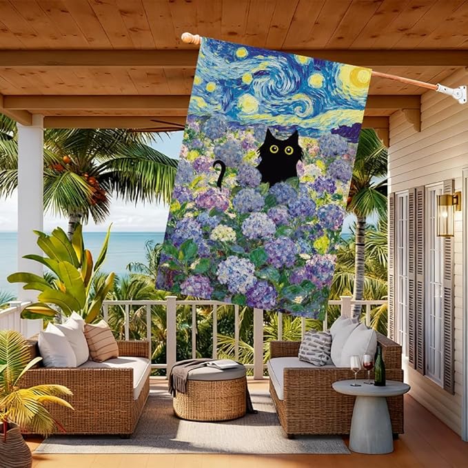 Baccessor Spring Summer Cat House Flag 28x40 Inch Double Sided Burlap, Hydrangea Flowers Starry Night Large Flags Welcome Porch Patio Yard Seasonal Farmhouse Outside Outdoor Decor