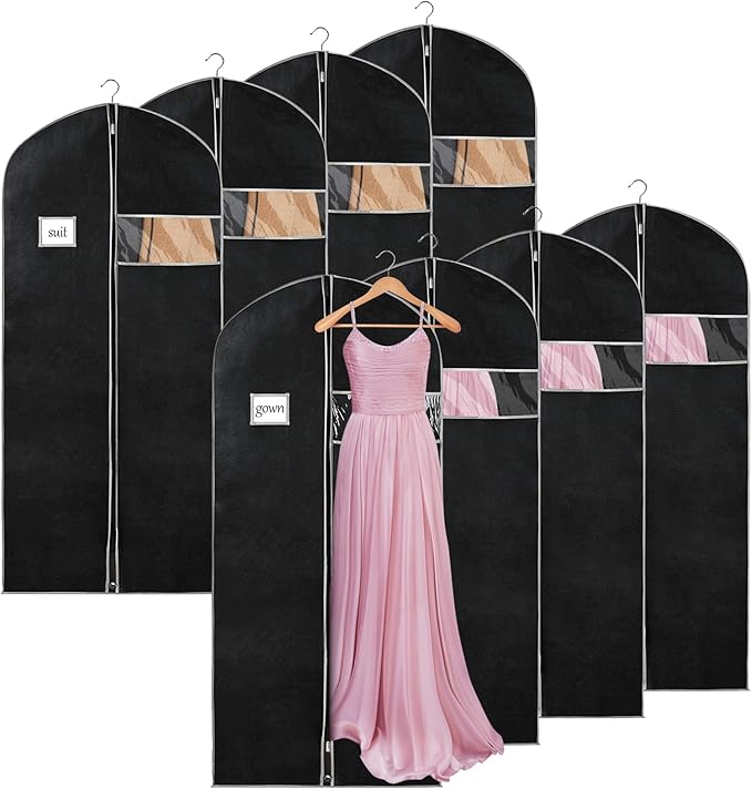 Syeeiex 60 Inch Dress Bags for Gowns, Set of 8, Dress Garment Bag, Black