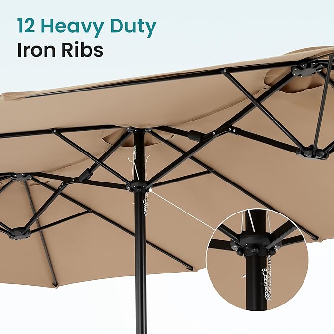 DUMOS 15FT Large Patio Umbrella with Base Included, Rectangle Table Umbrella Outdoor Patio, Outside Umbrellas for Deck, Market, Backyard, Khaki