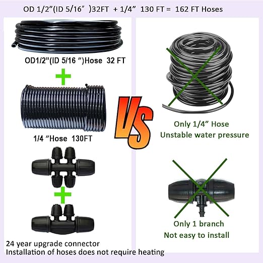 Drip Irrigation System with Water Timer 162ft Drip Irrigation Kit 5/16“ID and 1/4 Inch Pipe Auto Watering System for Garden Adjustable Spray, for Greenhouse, Garden, Lawn, Potted Plants Black