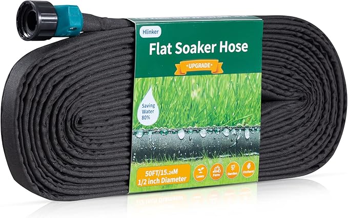 Hlinker Flat Soaker Hose 50 FT for Garden Beds, 50Ft 1/2" Linkable Consistent Drip Irrigation Hose Save 80% Water, Leakproof Heavy Duty Double Layer Sprinkler Hose
