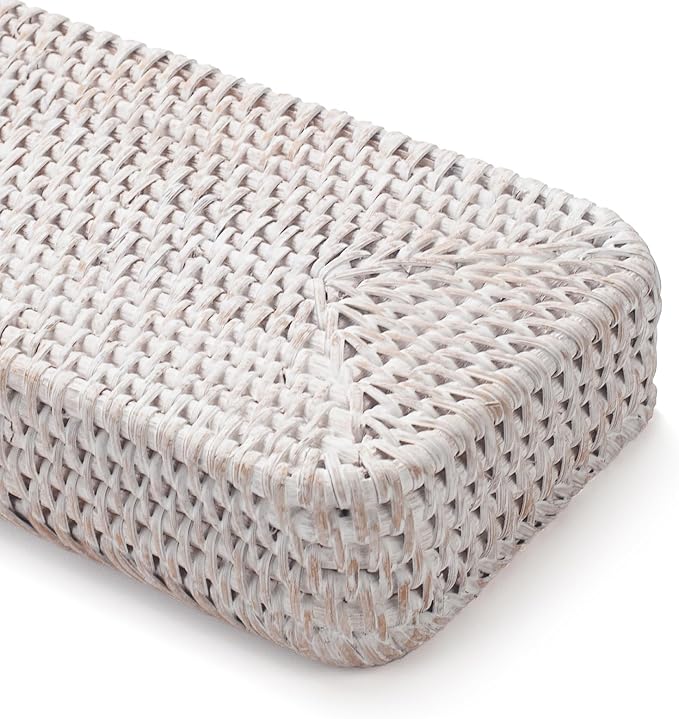 Rattan Bathroom Vanity Trays Toilet Tank Baskets Long Narrow Hand Towel Storage Basket for Storage, Decorative (Whitewash 10.2 x 4.9 x 1.6 inch)