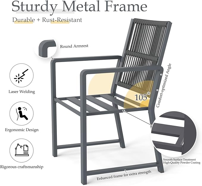 Outdoor Patio Wicker Rattan Dining Chairs, Heavy-Duty Wrought Iron Frame Supports 300lbs, Ergonomic Backrest, Detachable Breathable Cushion, for Garden & Porch, Dark Gray, Set of 4