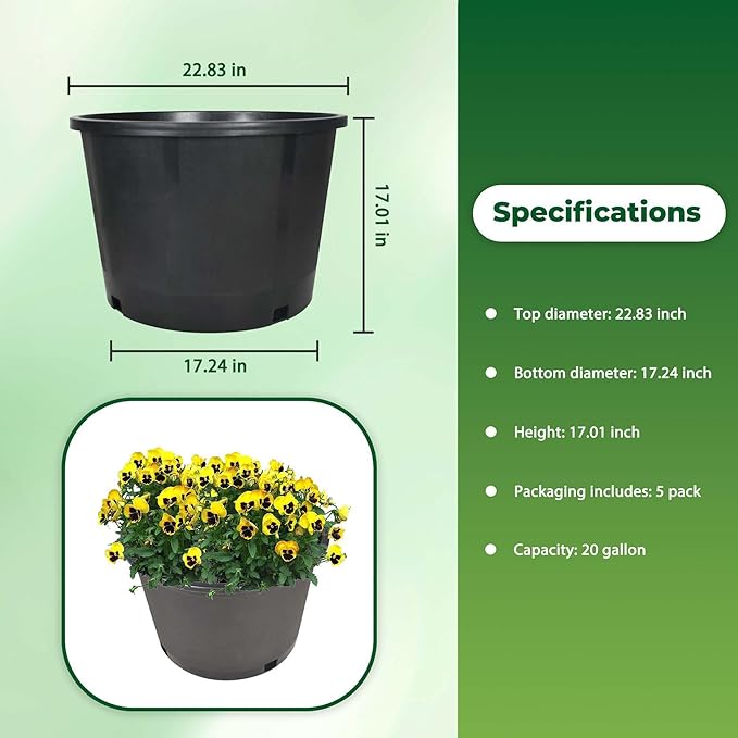 5 Pack 20 Gallon Black Nursery Pot Planter Grower Flower Pot Garden Seedling Planters Containers, Plastic Injection Molded Pots with Drainage Holes