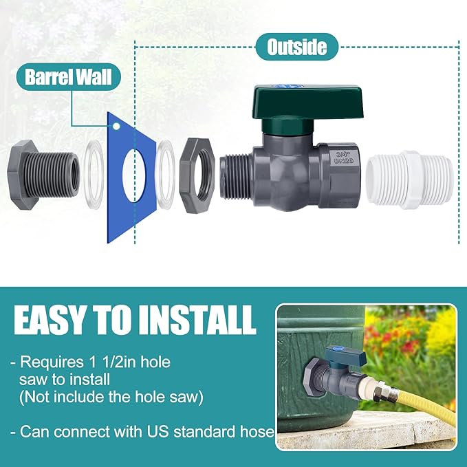 2 Pcs Easy Install Rain Barrel Spigot Kit, 3/4 Inch Rain Barrel Valve with Hose Faucet Adapter Thread Sealing Tape, Durable PVC Barrel Diverter Kit for Garden Barrels Water Tanks Aquariums