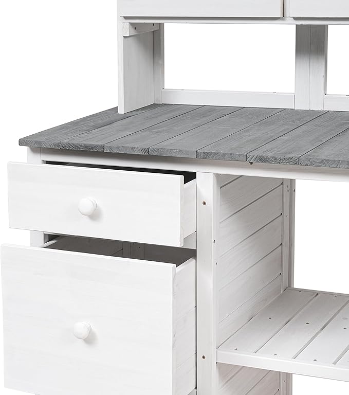 Garden Potting Bench Table, Rustic and Sleek Design Wood Outdoor Garden Work Bench with Multiple Drawers and Shelves for Storage,Patio Workstation for Garden, Patio, and Backyard (White+Gray#018)