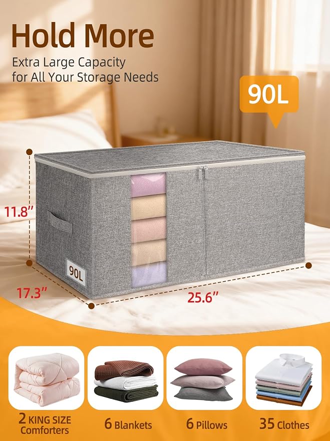 90L Rigid-Structured King Size Comforter Storage Bags, 4Pack, Gray