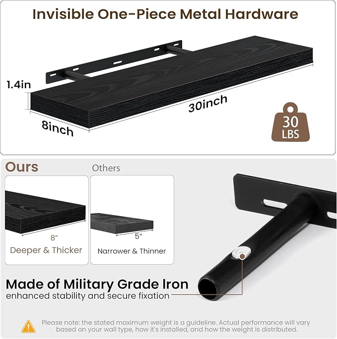 Acovy 30x8in Floating Shelves 2 Pack, Wall Mount Display Shelf, Black | Invisible Brackets, 30lb Sturdy MDF, 30in Long, Easy Install, For Bedroom, Bathroom, Living Room, Kitchen & Office