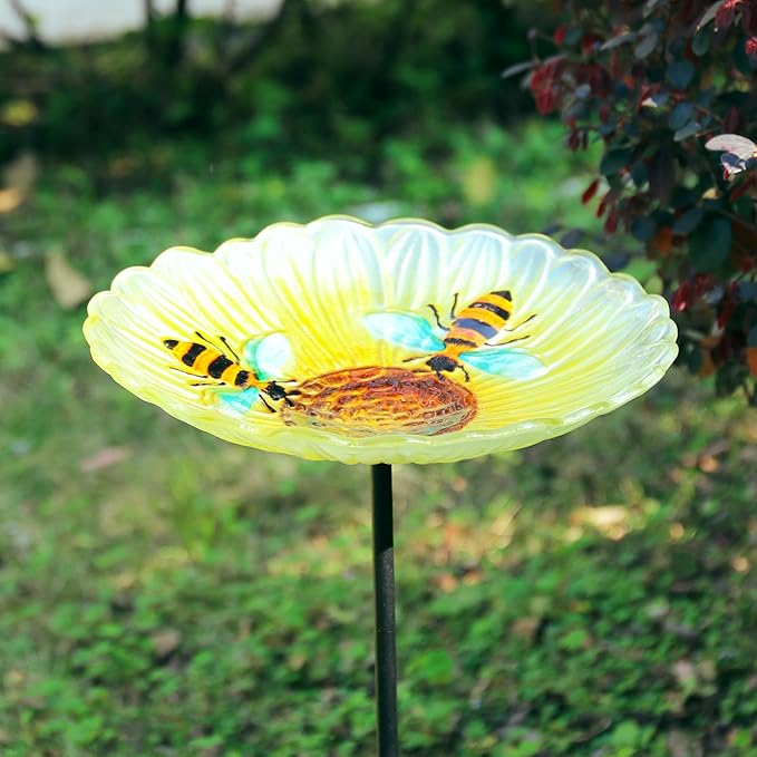 MUMTOP Bird Baths for Outdoors, Glass Bird Bath Stake, Bee Birdbaths & Support, Bee Baths for Garden, Outside, Lawn, Outdoor Decor