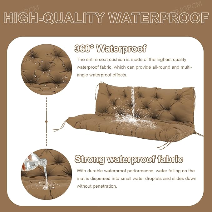 Extra Thick 5" Waterproof Porch Swing Cushions Outdoor 60 inch Swing Cushions 3 Seater Replacement with Backrest and Ties for Outdoor Furniture Patio Bench Garden (Brown)