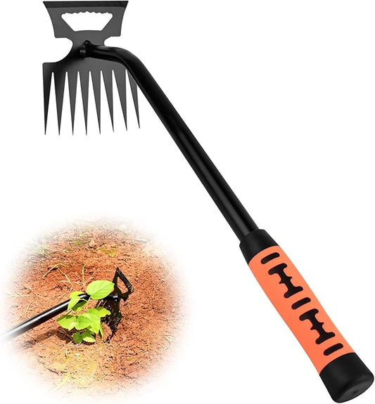 BokingOne Portable Weed Removal Tool - 8-Prong Manganese Steel with Black Baked Rust-Proof Coating for Garden Lawn Farm, Non-Slip Rubber Handle