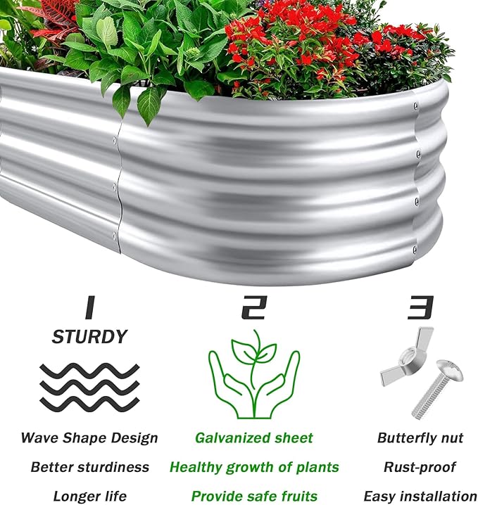 RAYKEEP Galvanized Raised Garden Beds, Outdoor Raised Garden Boxes, Oval Large Bottomless Metal Elevated Garden Bed Planter Box for Vegetables, Fruits, Flower (1pcs, 5x2x1 ft)