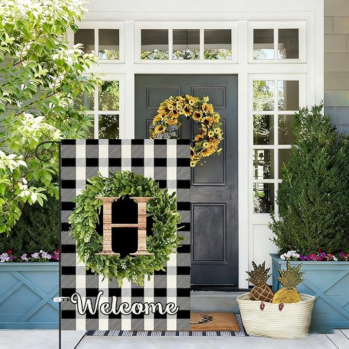 Baccessor Monogram Letter H Garden Flag 12.5 x 18 Inch, Buffalo Plaid Family Last Name Initial Boxwood Wreath Welcome Vertical Double Sided Small Flags for Outdoor Outside Decoration