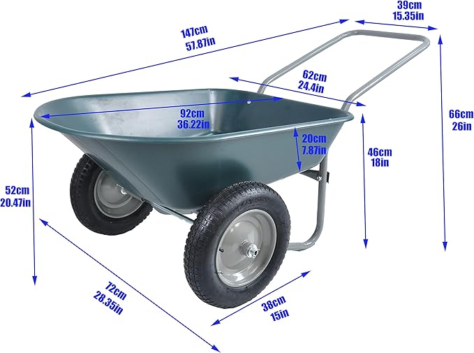 Steel Tray Wheelbarrow Heavy Duty Garden Cart with 12 Inch Pneumatic Wheel, 220lbs Capacity Lightweight Yard Cart Wheelbarrow for Landscaping, Residential Gardening, Red (Green)