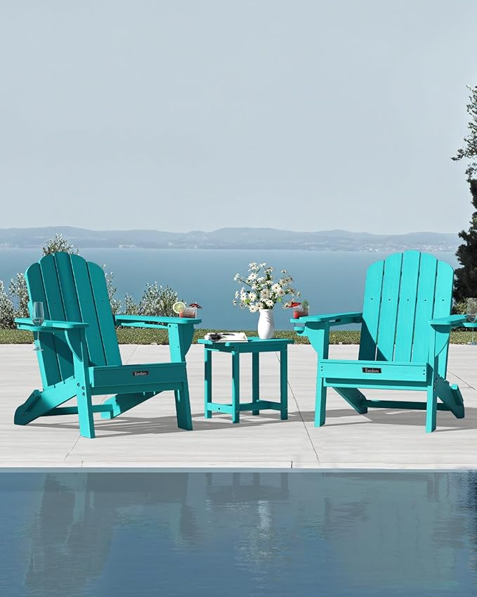 Adirondack Chairs Set of 2, Wood Texture Fire Pit Chairs, Plastic Adirondack Chairs with 2 Cup Holder, Outdoor Lawn Chair for Patio Garden, Lake Blue