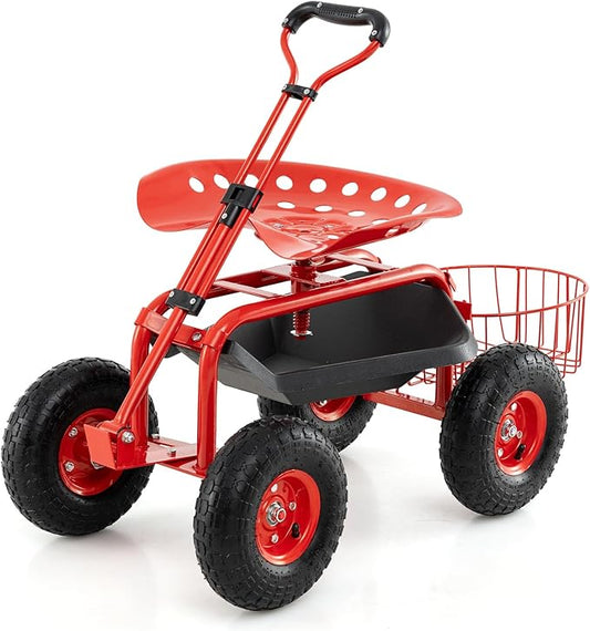 Giantex Rolling Garden Workseat with Wheels, 360 Degree Swivel Gardening Stool Cart with Storage Basket, Adjustable Height, Steering Handle, Steel Frame, Outdoor Work Seat for Planting Triming (Red)
