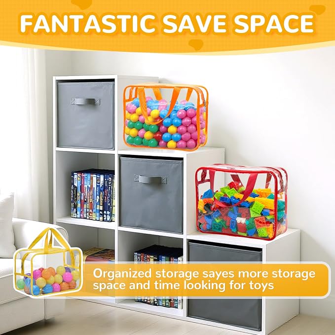 8 Packs 8 Colors Large Toy Storage Bags with Labels, Reusable Clear PVC Board Game Storage, Travel Waterproof Organizer Bags with Zipper for Building Blocks, Puzzle(4 large & 4 Extra Large)