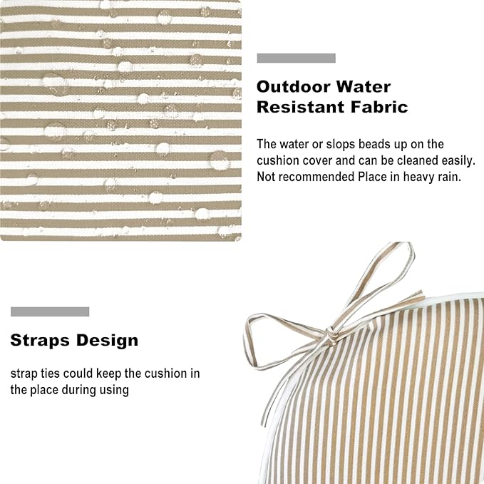 DYTXIII Set of 2 Outdoor Chair Cushions with Ties,Water Repellent Patio Chair Pads 17"x 16" for Outdoor Furniture,Round Corner Seat Cushions for Garden Yard Kitchen Stripe Beige