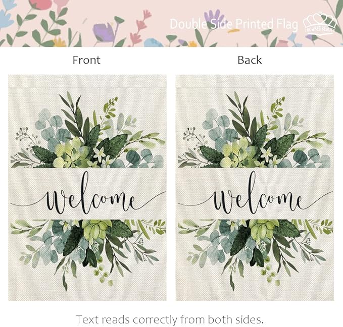 CROWNED BEAUTY Spring Floral Welcome Garden Flag 12×18 Inch Double Sided for Outside Eucalyptus Small Burlap Seasonal Yard Flag