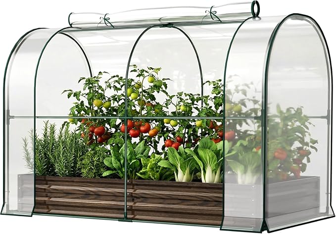 SUNYRISY Galvanized Raised Garden Bed with Greenhouse, Outdoor Metal Planter Box with Plant Bed Cover, Garden Box Protection for Gardening Vegetables Flowers Herbs Planting, Wood Grain