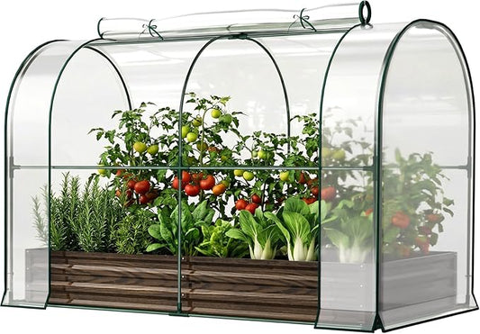 SUNYRISY Galvanized Raised Garden Bed with Greenhouse, Outdoor Metal Planter Box with Plant Bed Cover, Garden Box Protection for Gardening Vegetables Flowers Herbs Planting, Wood Grain