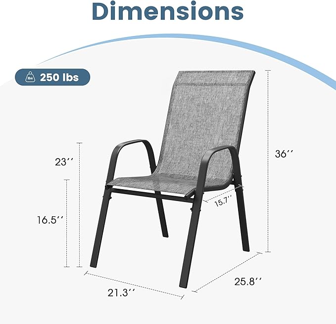 DIFY Patio Chairs Set of 4, Stackable Outdoor Dining Chairs Set with Breathable Textilene High Back and All-Weather Metal Frame for Garden, Backyard, Deck, Grey