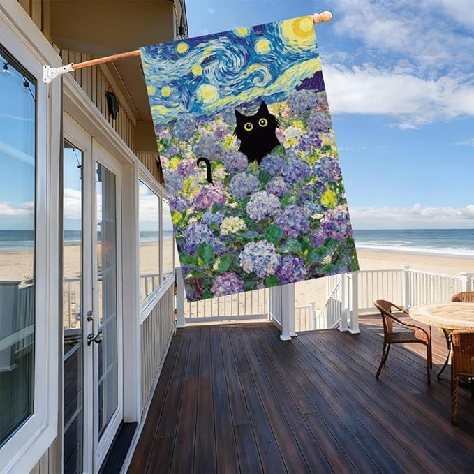 Baccessor Spring Summer Cat House Flag 28x40 Inch Double Sided Burlap, Hydrangea Flowers Starry Night Large Flags Welcome Porch Patio Yard Seasonal Farmhouse Outside Outdoor Decor