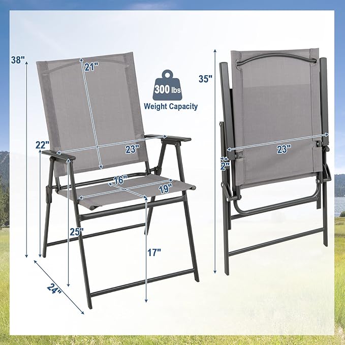 Tangkula Set of 4 Patio Folding Chairs, High Back Dining Chairs with Weather-Resistant Fabric, No Assembly, Outdoor Portable Metal Lawn Chairs with Armrests & Footrest for Garden