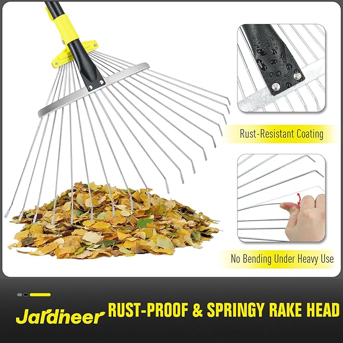 Jardineer Garden Rake for Leaves - Adjustable Metal Leaf Rake with Expandable Head and 59 Inch Long Handle, Yard Rake for Leaves, Debris, Tight Spaces and Yard Waste Removal