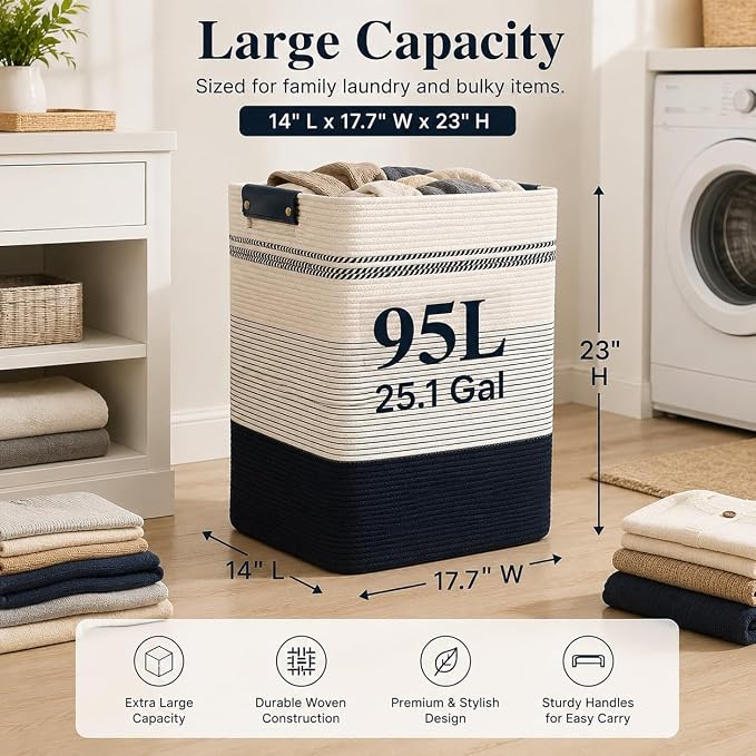 Laundry Hamper, Cotton Rope Laundry Basket with Leather Handles, 25.1-Gallon/95 L Large Clothes Hampers for Laundry, Woven Laundry Baskets for Blankets, Clothing, Bedroom, Living Room, Nursery