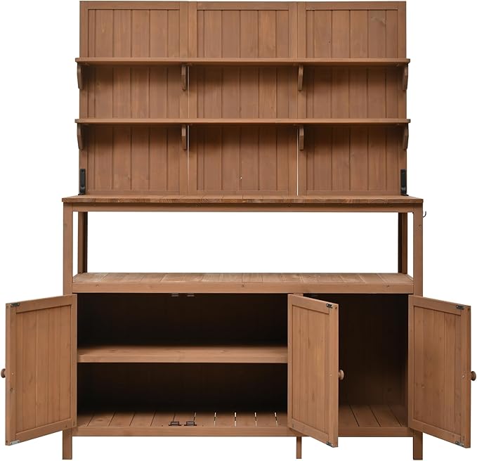 RUNNA Potting Bench with Hutch, 50.2" Solid Fir Wood Garden Workstation, Large Countertop, 2 Shelves, 2 Cabinets, 3 Side Hooks, Outdoor Planting Table for Gardening (Natural@080, 50.2-Inch)
