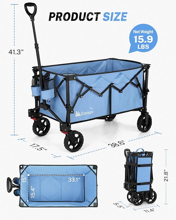 Gonex 38''L Collapsible Foldable Wagon Cart with 360lbs Weight Capacity,220L Folding Utility Garden Cart with Detachable Wheels for Grocery Sports Shopping Camping - Blue