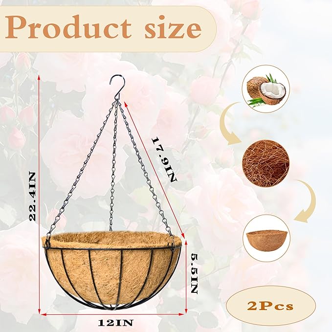 2 Pack 12" Round Metal Hanging Basket for Outdoor Plants Durable Large Hanging Planter with Coco Coir Round Plant Holders Planter for Outside Garden Decoration(Watermelon)