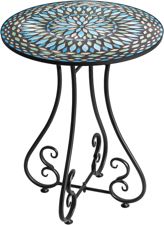 18" Round End Table, Unique Relief Ceramic Tile Tabletop with Metal Frame, Metal Scrollwork Accent Outdoor Side Table