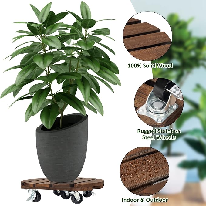 2pack Plant Caddy 12’’Wood Duty Rolling Plant Stand with 2 360° Lockable Caster Wheels,Indoor Outdoor on Roller Patio/Flower Pot/Succulent Pots | Wood Heavy Duty 360° Rotated Plant Stand - Indoor Outdoor on Roller Patio/Flower Pot/Succulent Pots