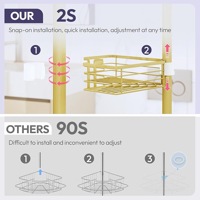 SWTYMIKI Shower Caddy Tension Pole - 4-Tier Corner Shower Organizer Tension Rod with Soap Holder, Toothbrush Holder & 4 Hooks, Adjustable Stainless Steel Shower Shelves 27.6 to 108.3 inch, Gold