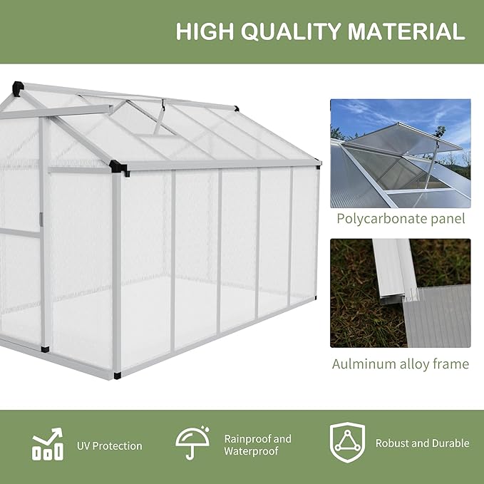 Aluminum Greenhouse for Outdoors, 6 x 10 FT Polycarbonate Walk-in Greenhouse with Quick Setup Structure and Adjustable Roof Vent, Silver