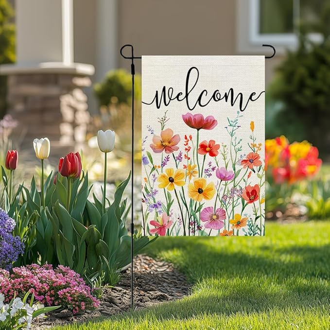 CROWNED BEAUTY Spring Garden Flag Wildflowers Floral Double Sided 12x18 Inches Small Burlap Welcome Holiday Seasonal Yard Decoration for Outside Porch CF1761-12